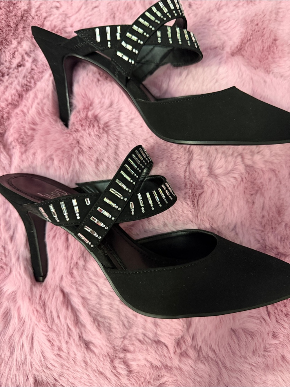 Impo Black Rhinestone-Strap Pointed Toe Heels